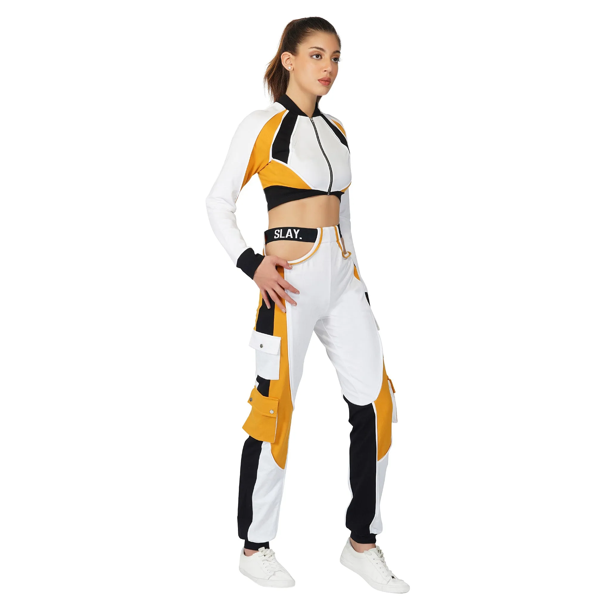 SLAY. Women's Activewear Tracksuit Mustard Colorblock Crop Jacket & Cargo Pants Co-ord Set(3 piece)