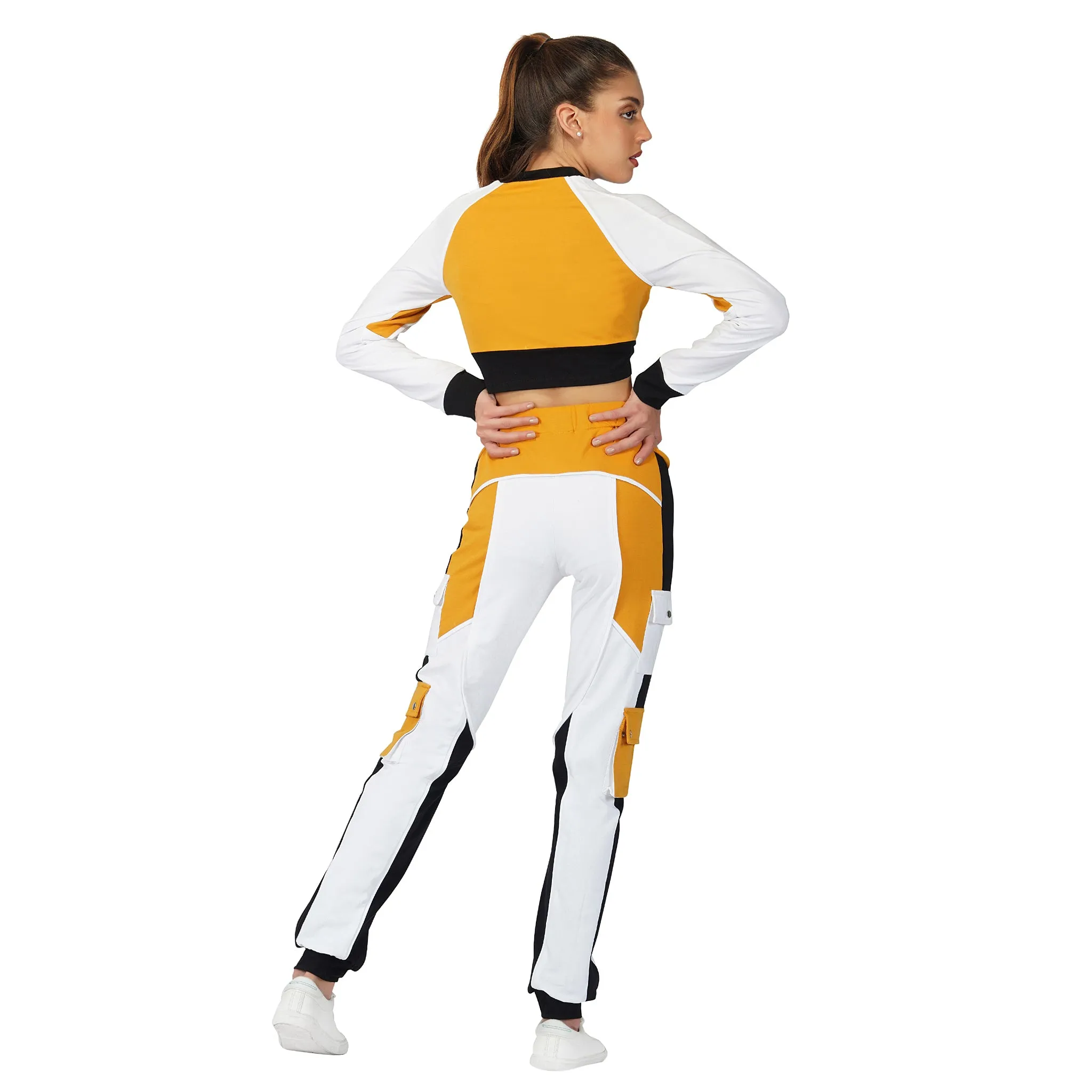 SLAY. Women's Activewear Tracksuit Mustard Colorblock Crop Jacket & Cargo Pants Co-ord Set(3 piece)