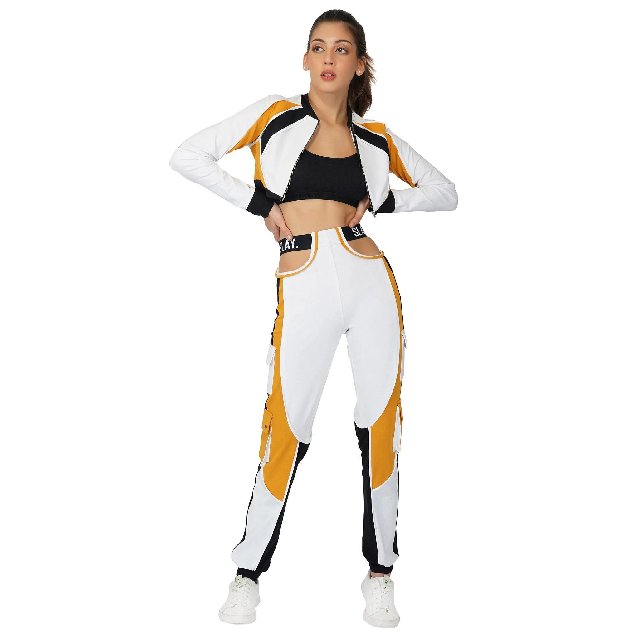 SLAY. Women's Activewear Tracksuit Mustard Colorblock Crop Jacket & Cargo Pants Co-ord Set(3 piece)