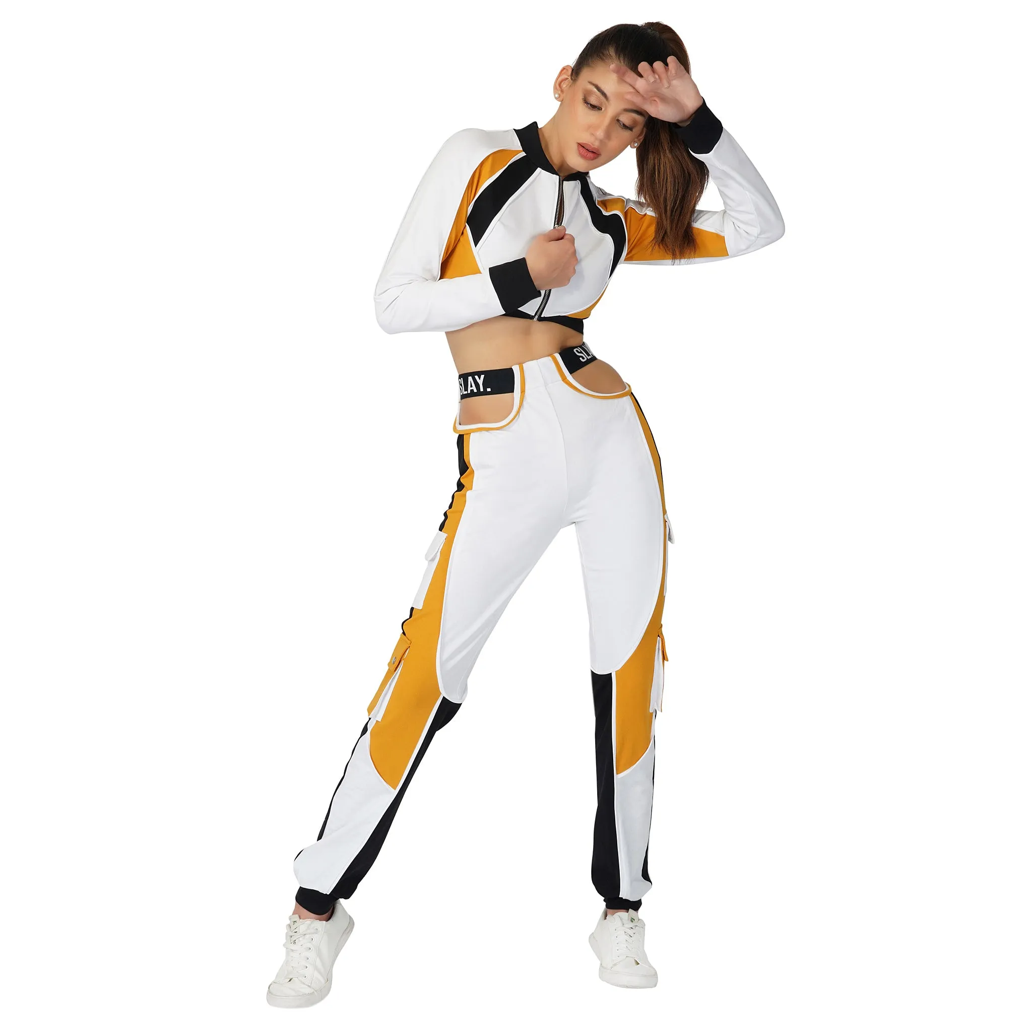 SLAY. Women's Activewear Tracksuit Mustard Colorblock Crop Jacket & Cargo Pants Co-ord Set(3 piece)