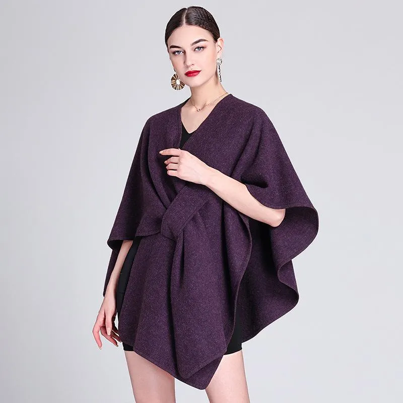 Solid color casual wool blend poncho coat