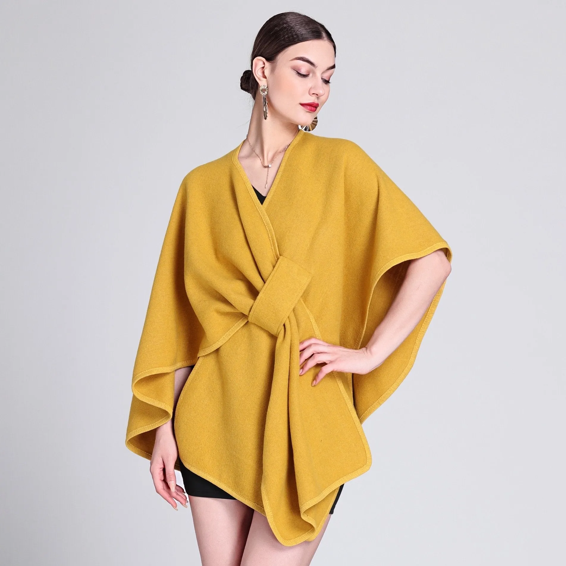 Solid color casual wool blend poncho coat