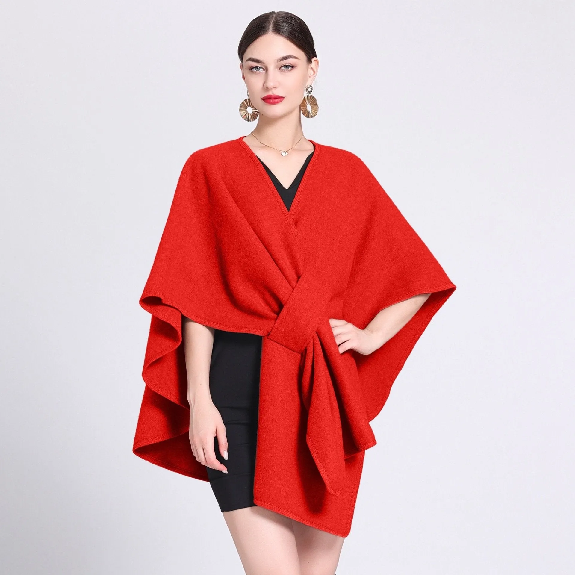 Solid color casual wool blend poncho coat