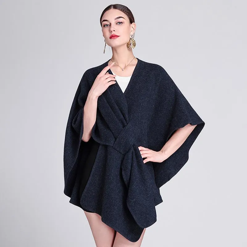 Solid color casual wool blend poncho coat