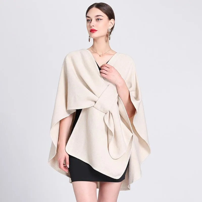 Solid color casual wool blend poncho coat