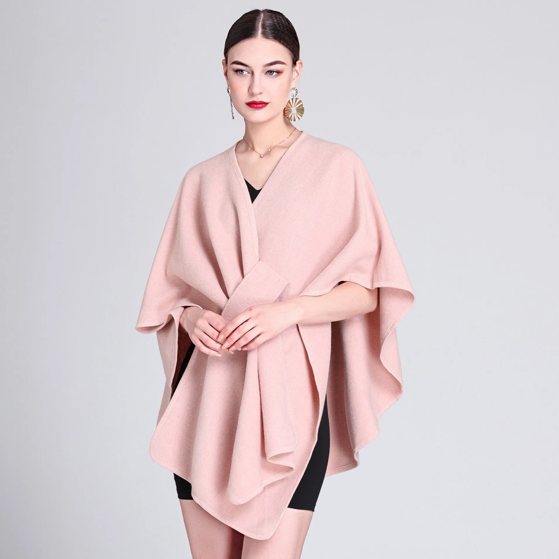 Solid color casual wool blend poncho coat