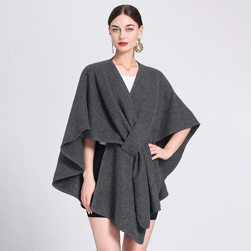Solid color casual wool blend poncho coat