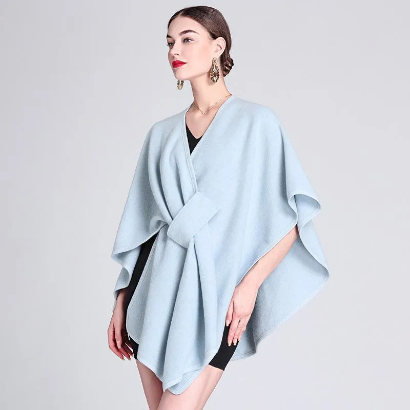 Solid color casual wool blend poncho coat