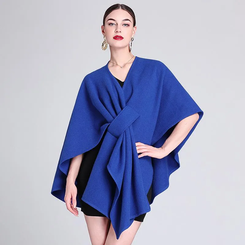 Solid color casual wool blend poncho coat