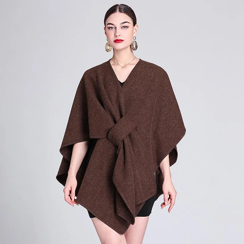 Solid color casual wool blend poncho coat