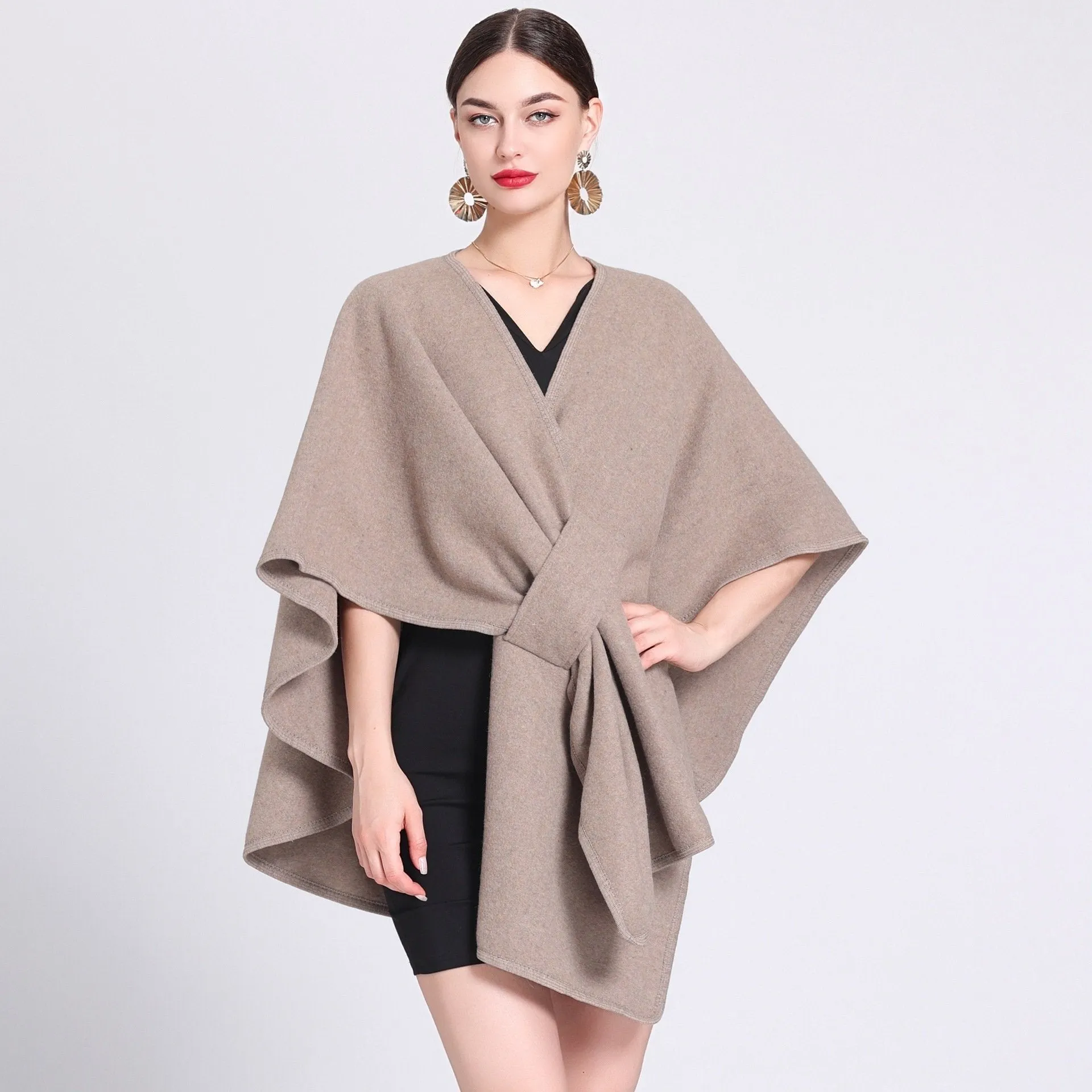 Solid color casual wool blend poncho coat