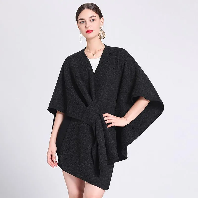 Solid color casual wool blend poncho coat