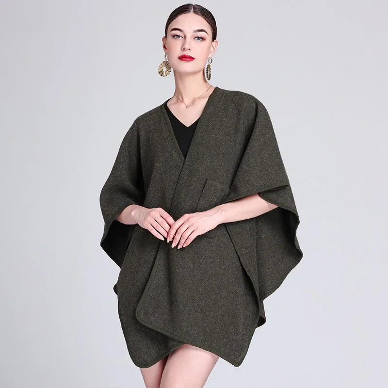 Solid color casual wool blend poncho coat