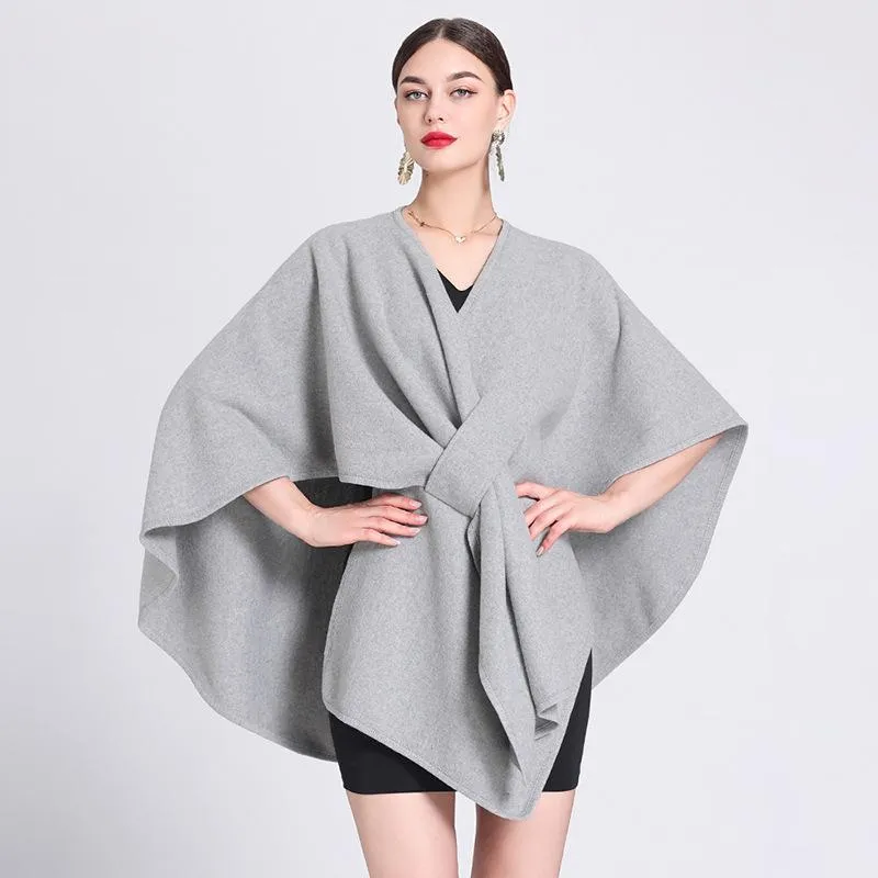 Solid color casual wool blend poncho coat