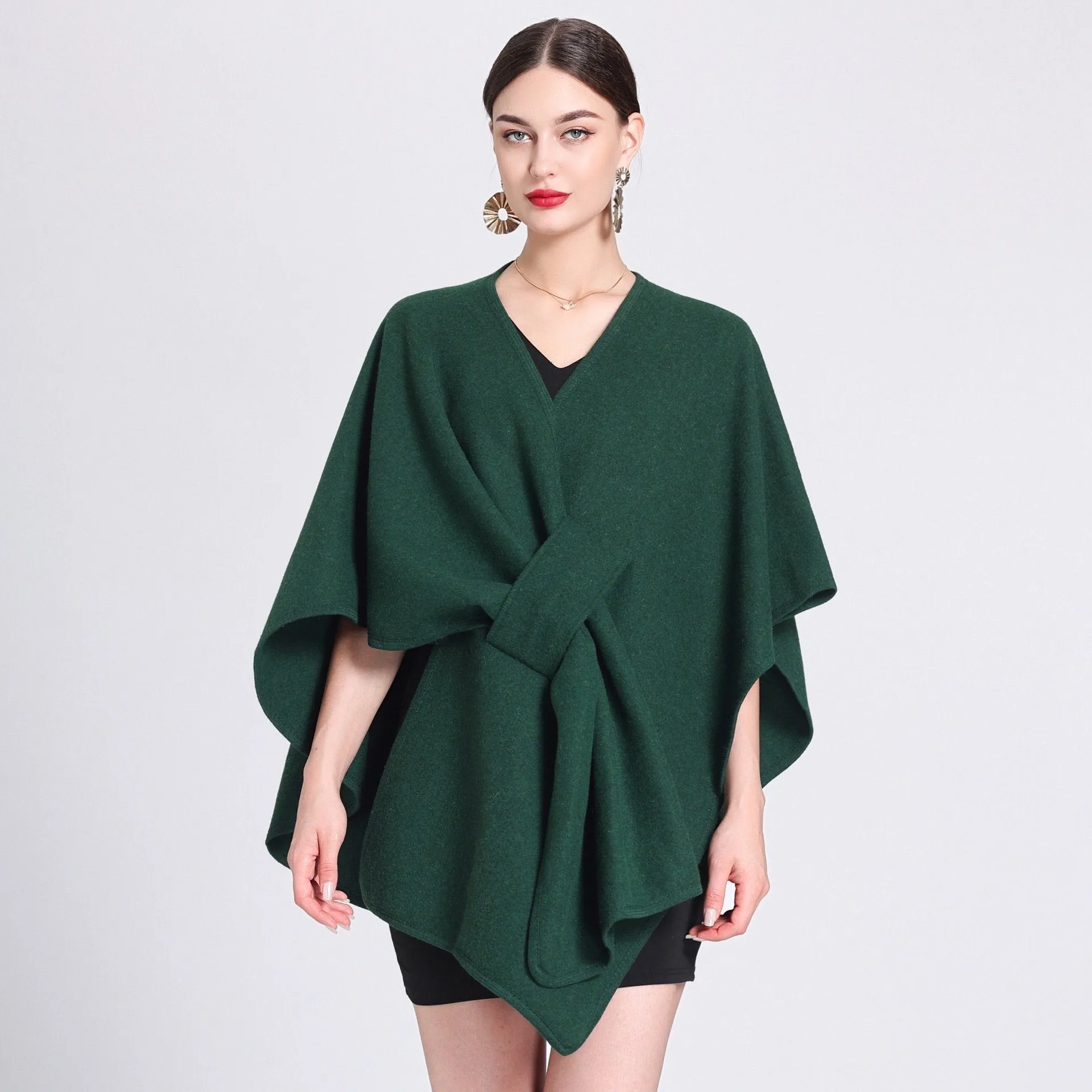 Solid color casual wool blend poncho coat