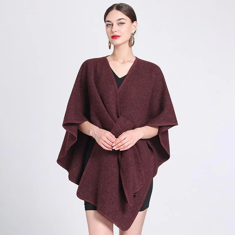Solid color casual wool blend poncho coat