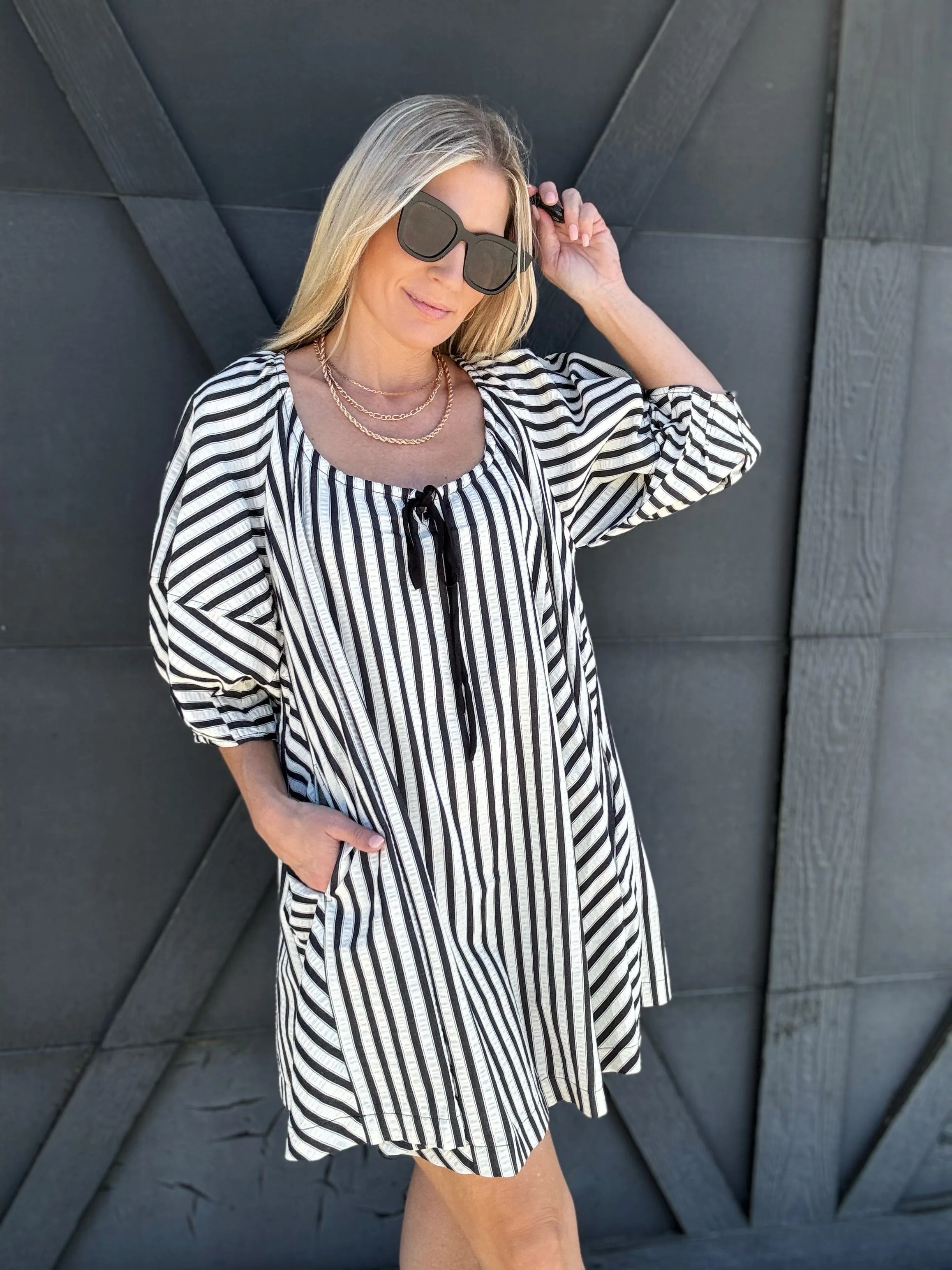 Stripe Drop Shoulder Mini Dress In Black