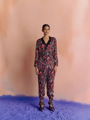 Studio Rigu   I   Womenswear, Western Ikat Organza Trousers Ikat Print On Black Base Srdd029