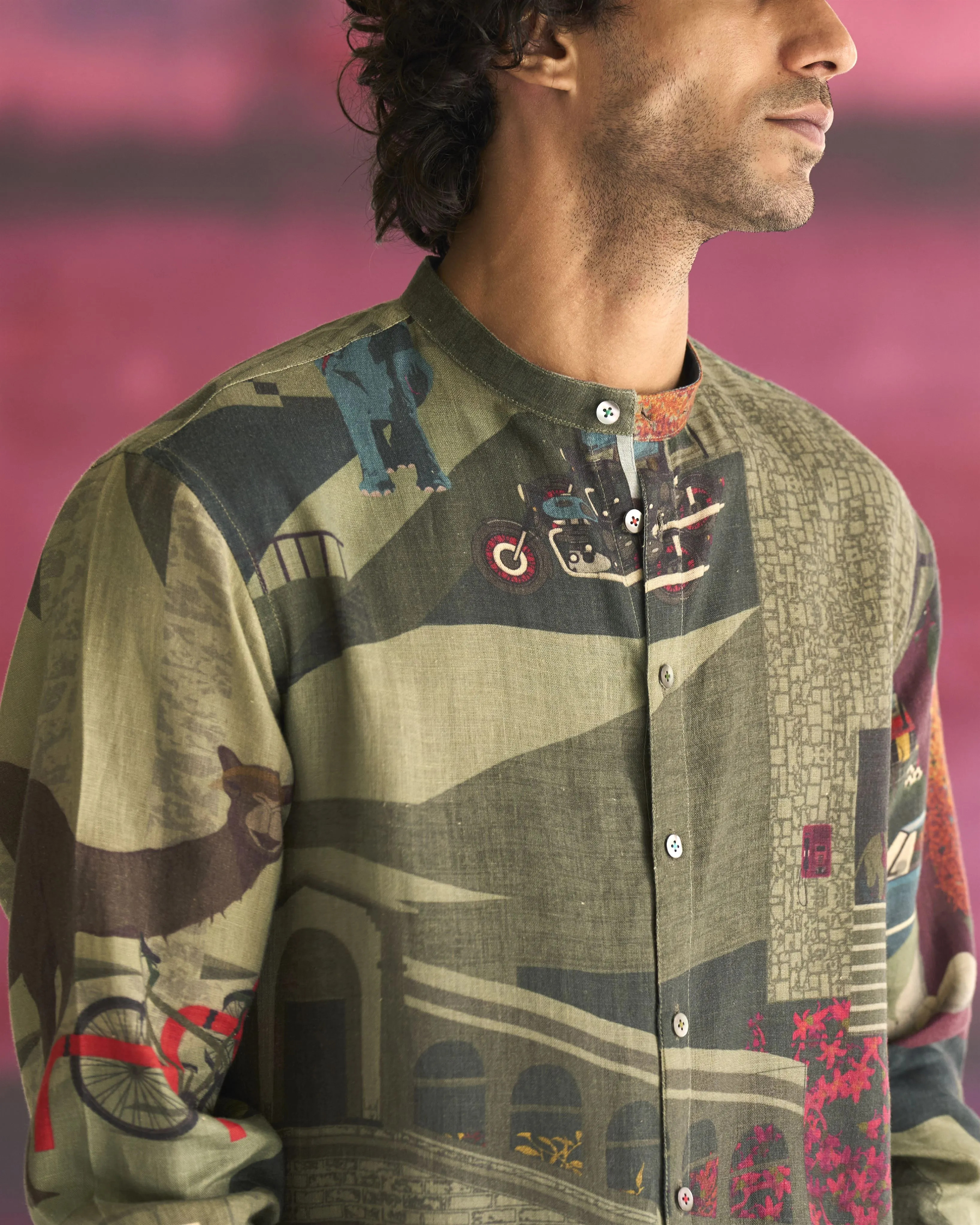 Summer Shirt Classic Animal Cotton Linen Sage S414CL387 SuketDhir