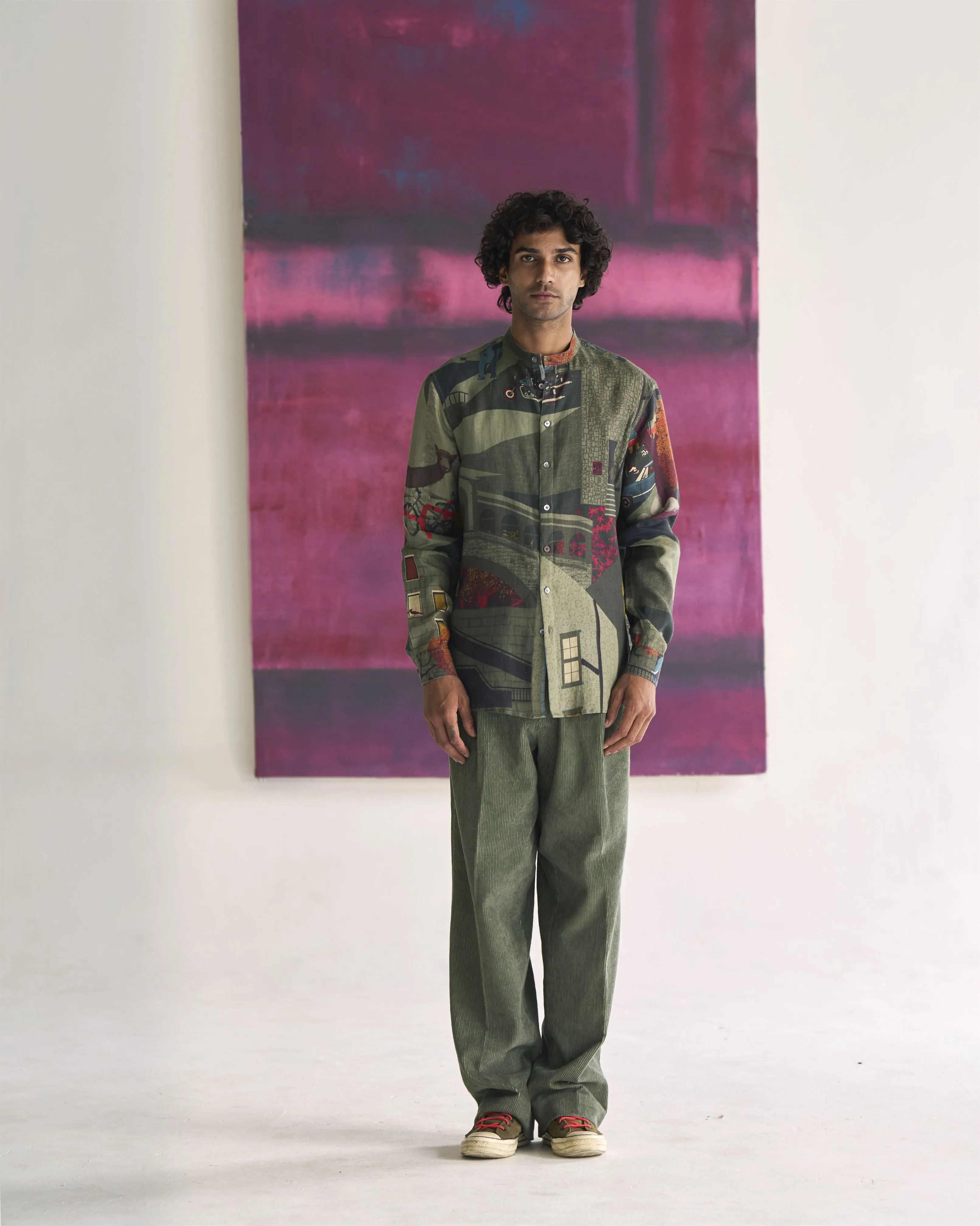 Summer Shirt Classic Animal Cotton Linen Sage S414CL387 SuketDhir