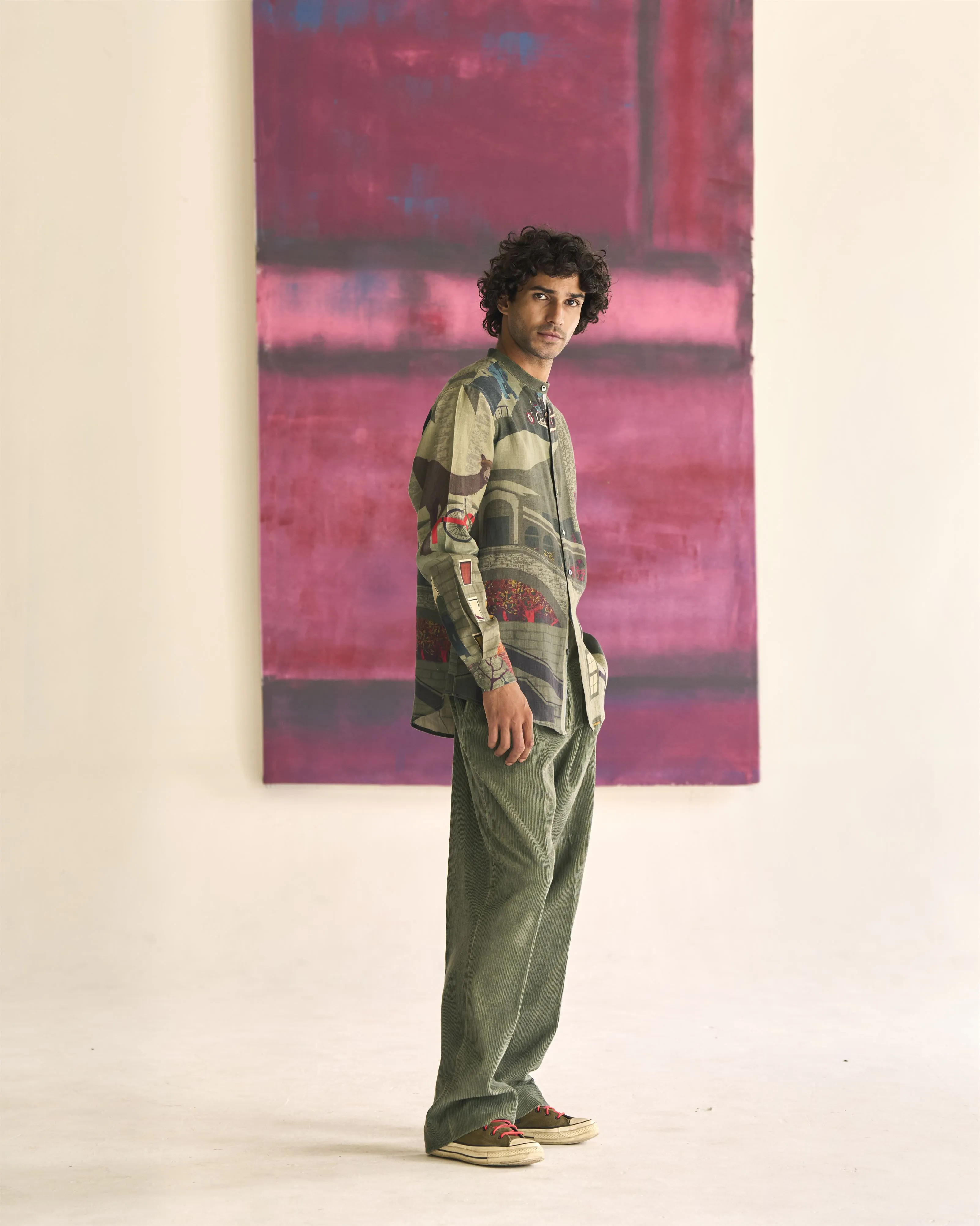 Summer Shirt Classic Animal Cotton Linen Sage S414CL387 SuketDhir