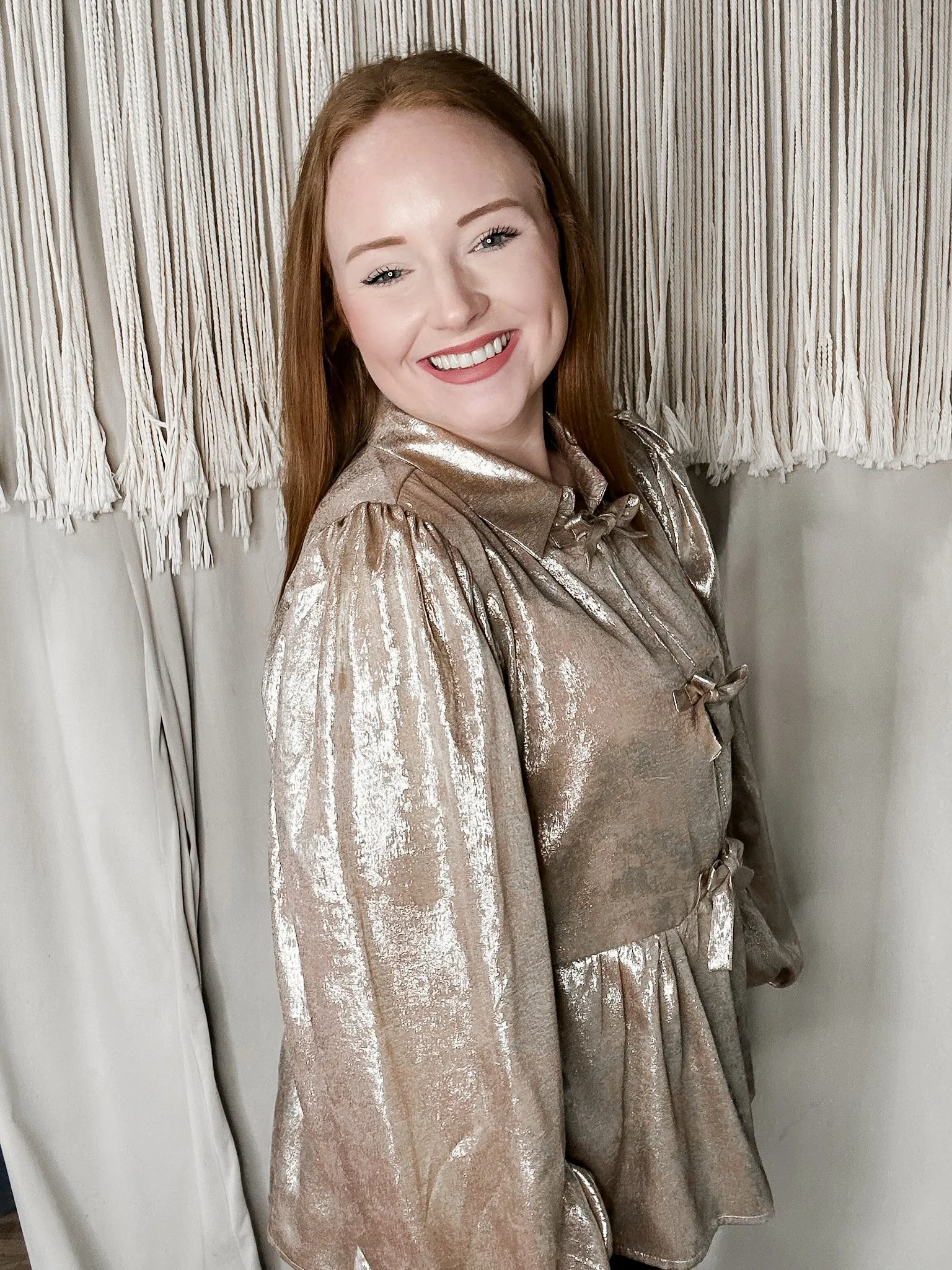 Taupe Metallic Collared Bow-Tie Front Top