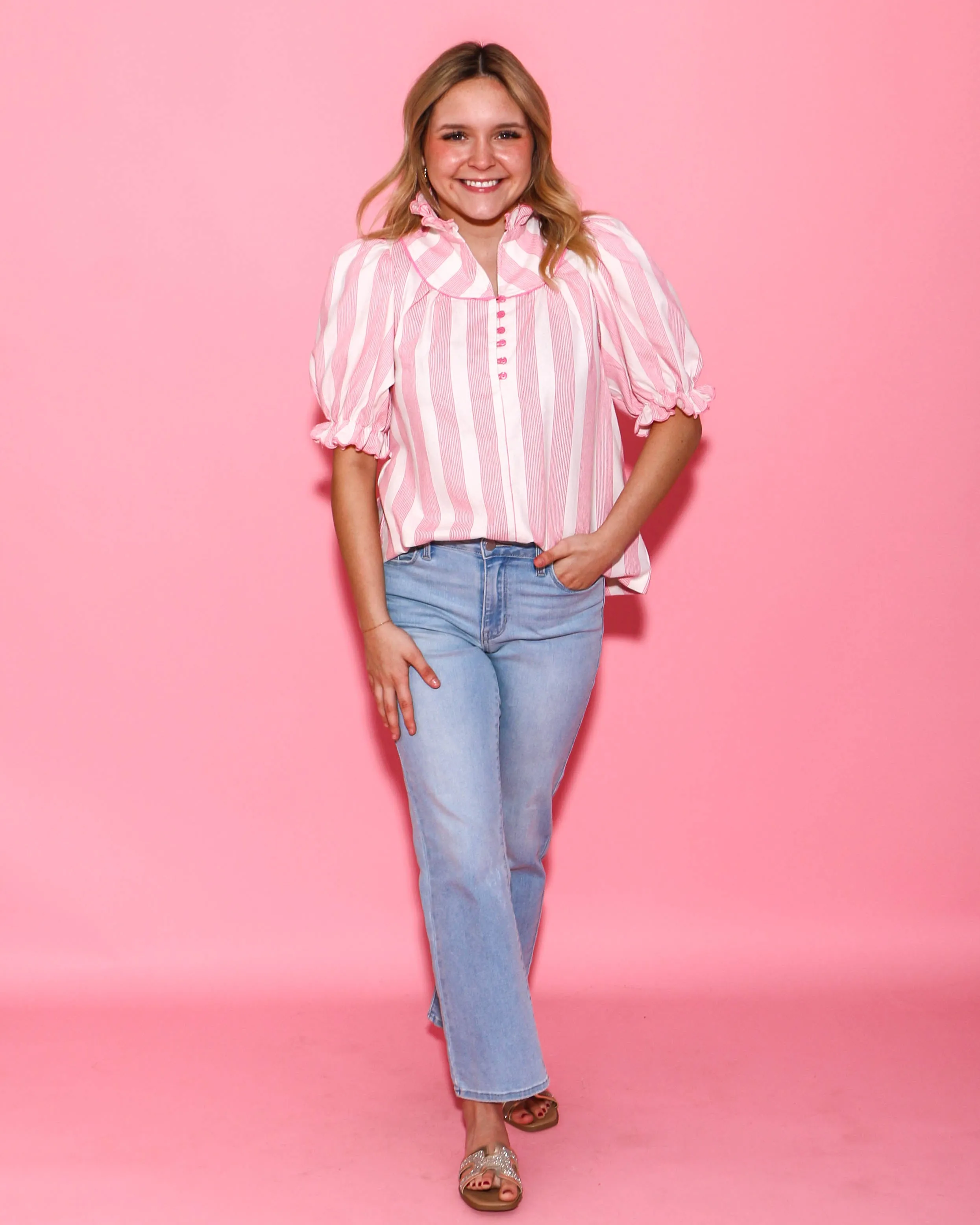The Cutest Pink Button Down Ruffled Top