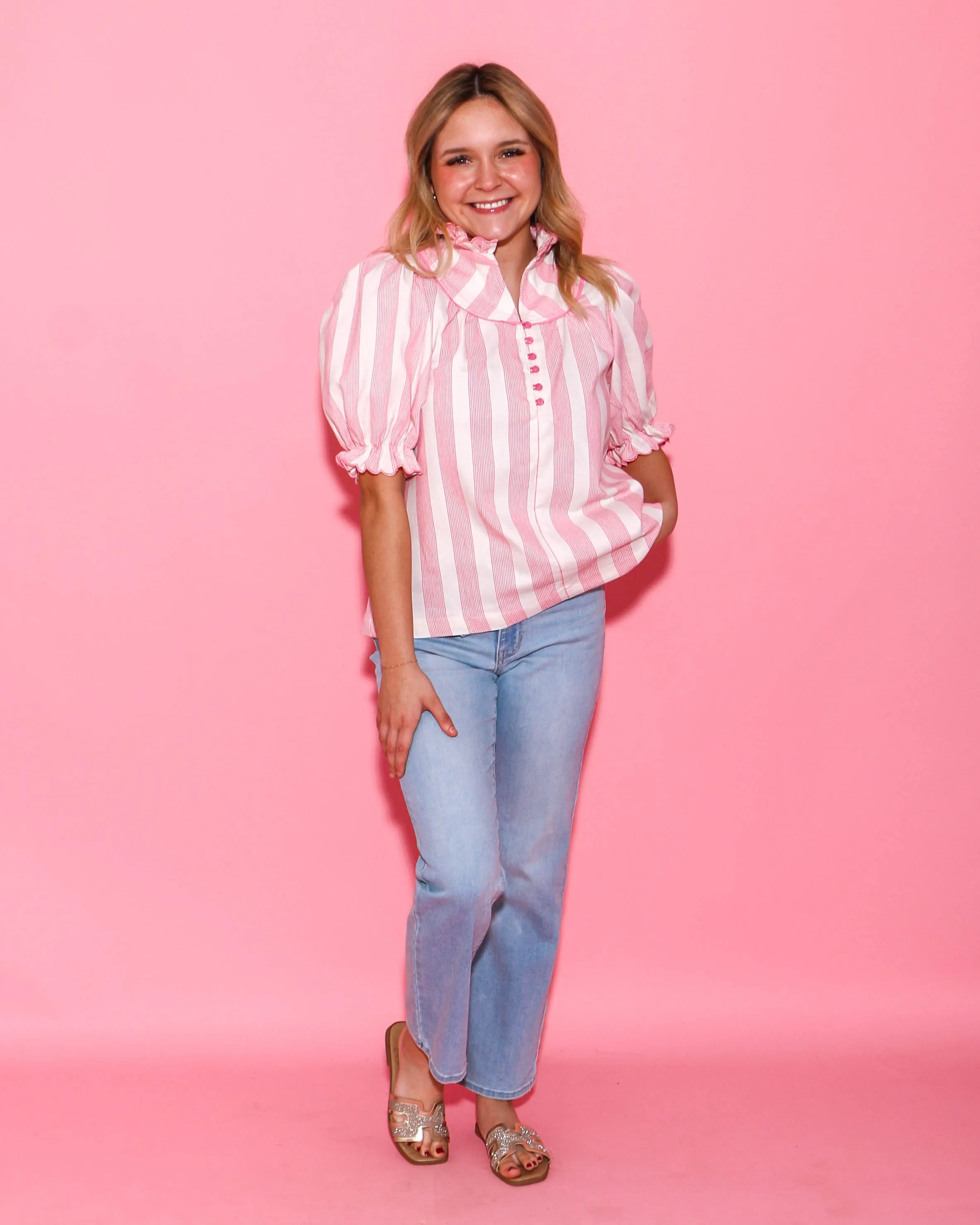 The Cutest Pink Button Down Ruffled Top