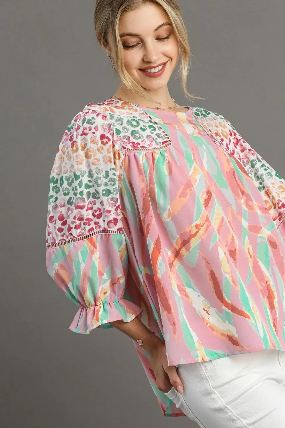 Umgee Full Size Mixed Print Lace Trim Top Plus Size