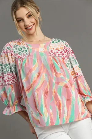 Umgee Full Size Mixed Print Lace Trim Top Plus Size