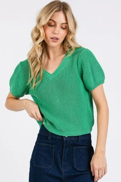 V-Neck Short Sleeve Crop Sweater