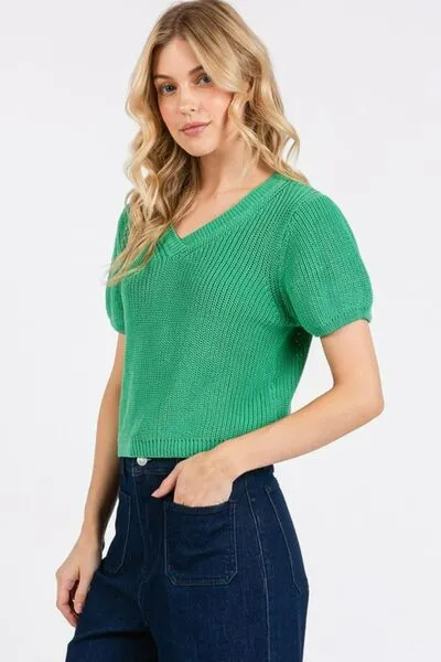 V-Neck Short Sleeve Crop Sweater