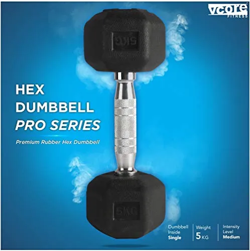 VCORE FITNESS Hex Dumbbell 5Kg Single Dumbbell, Ideal for Home Gym Dumbbells Exercise Workout for Men & Women, Steel Iron Rubber Encased, Black