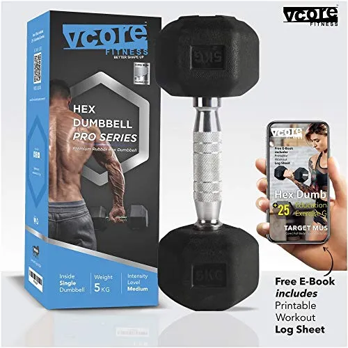 VCORE FITNESS Hex Dumbbell 5Kg Single Dumbbell, Ideal for Home Gym Dumbbells Exercise Workout for Men & Women, Steel Iron Rubber Encased, Black