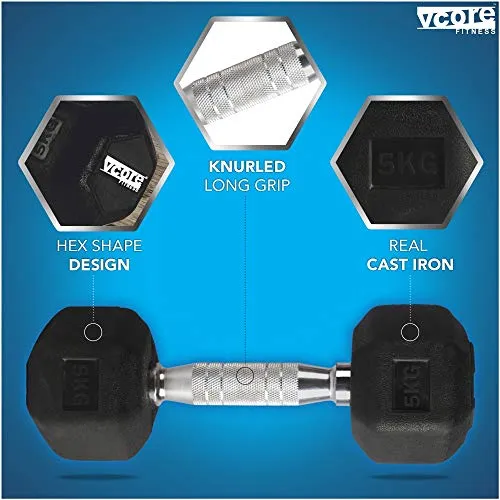 VCORE FITNESS Hex Dumbbell 5Kg Single Dumbbell, Ideal for Home Gym Dumbbells Exercise Workout for Men & Women, Steel Iron Rubber Encased, Black