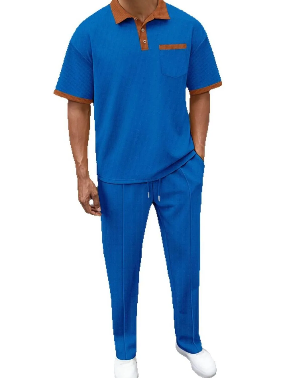 Waffle-Knit Contrast Polo & Pants Set – Plus Size