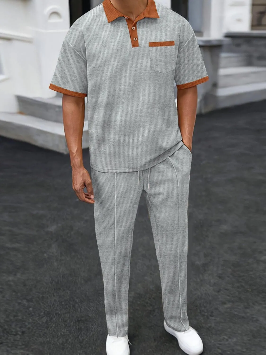 Waffle-Knit Contrast Polo & Pants Set – Plus Size
