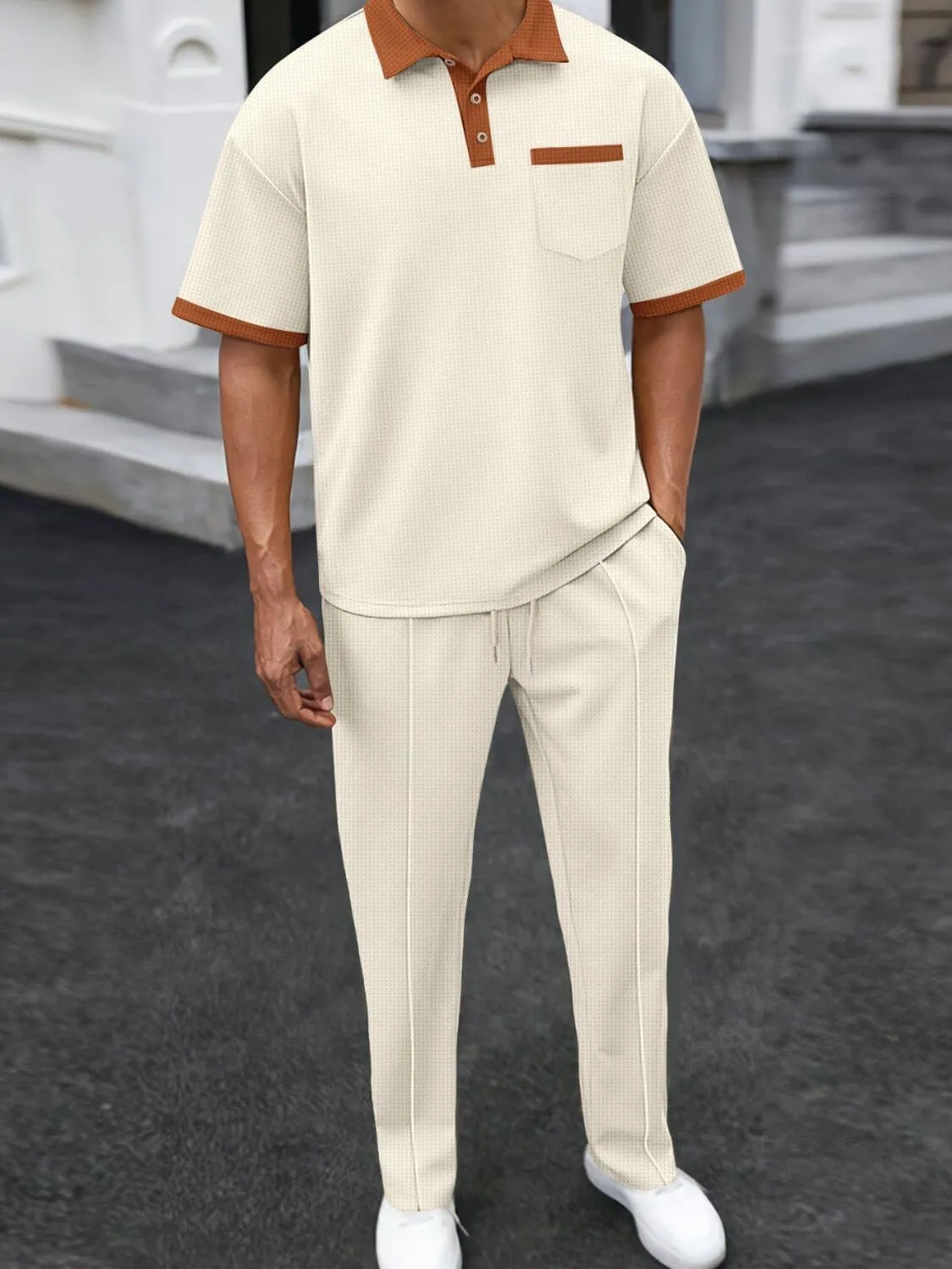 Waffle-Knit Contrast Polo & Pants Set – Plus Size