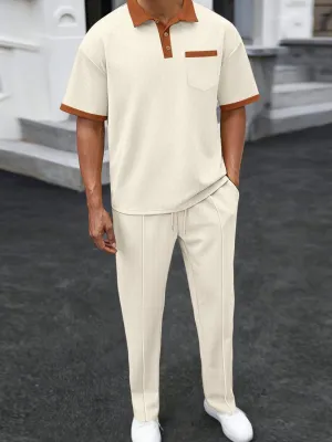 Waffle-Knit Contrast Polo & Pants Set – Plus Size