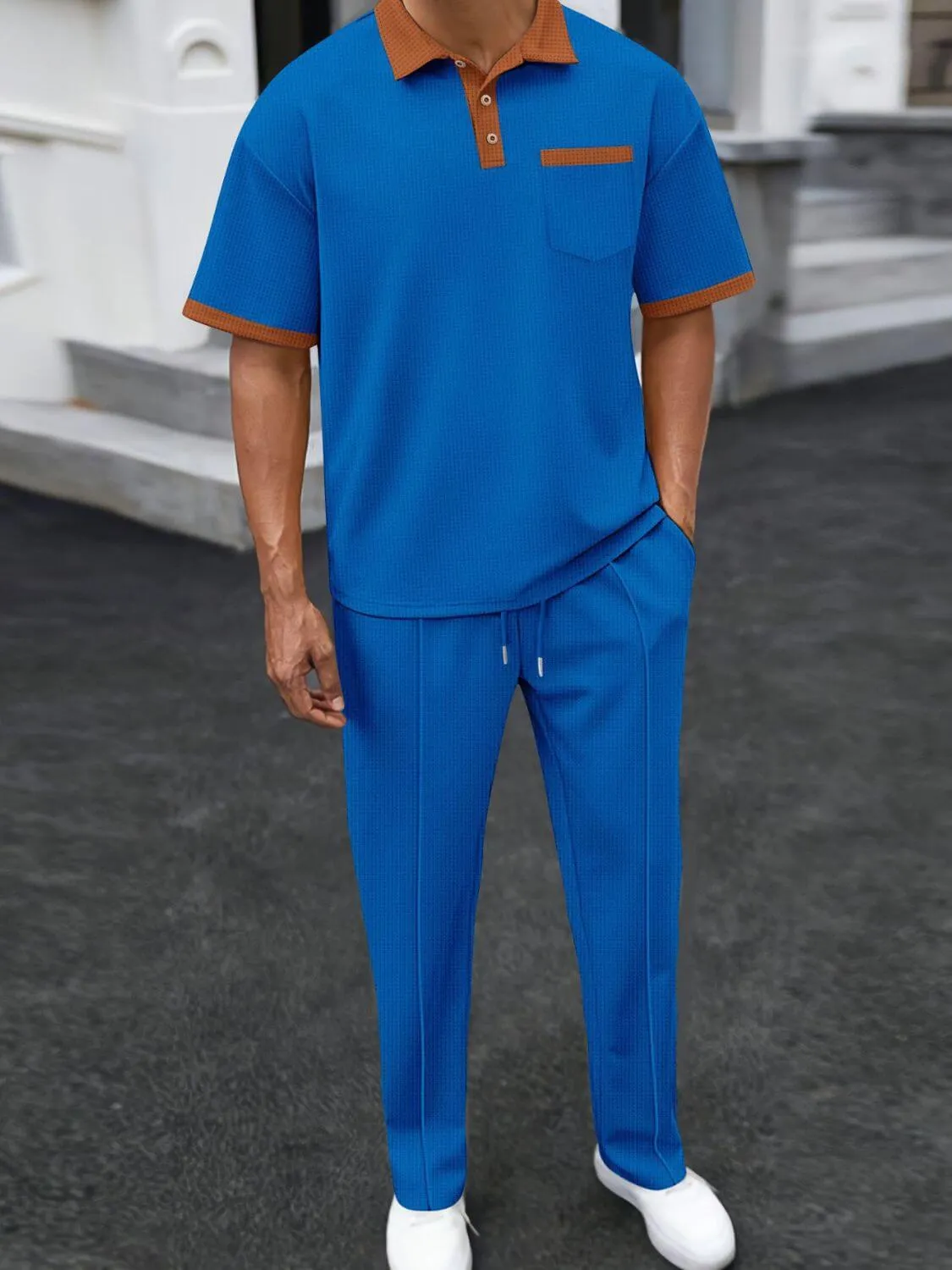 Waffle-Knit Contrast Polo & Pants Set – Plus Size