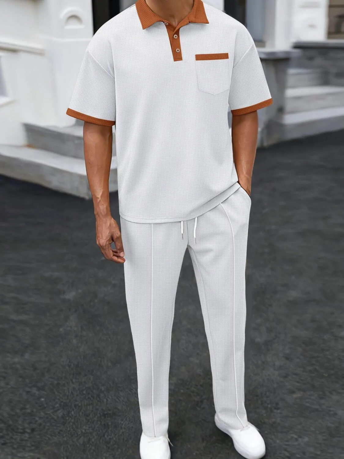 Waffle-Knit Contrast Polo & Pants Set – Plus Size