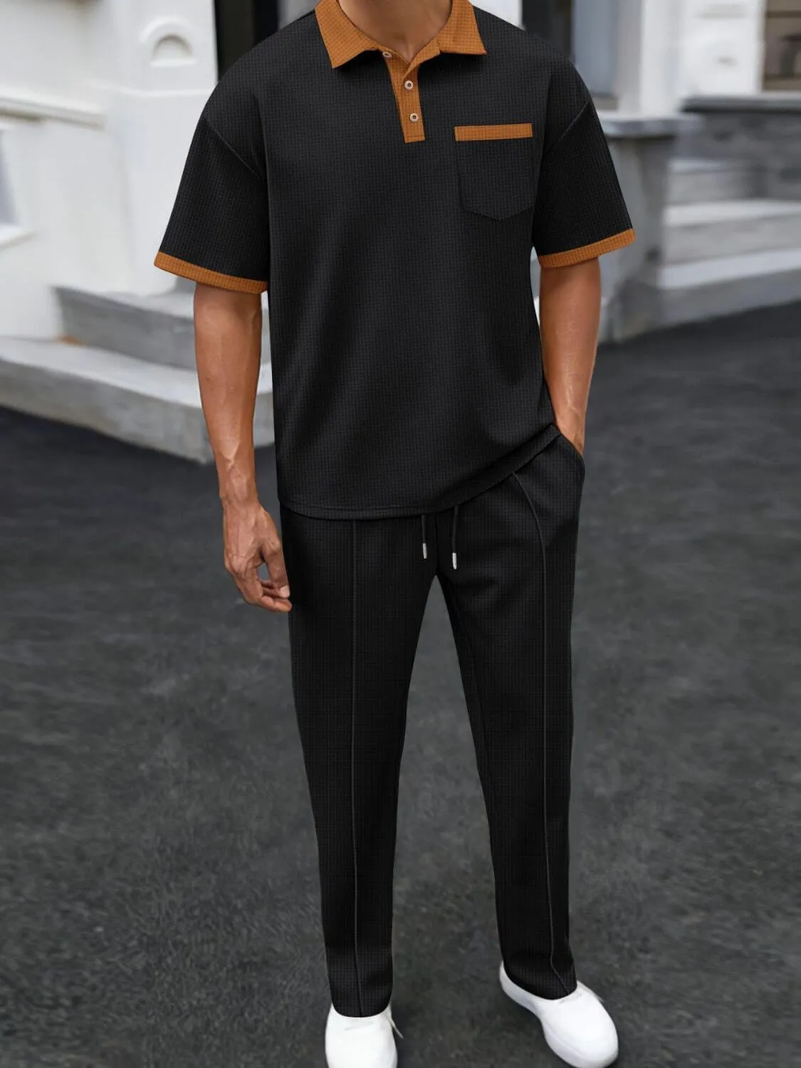 Waffle-Knit Contrast Polo & Pants Set – Plus Size