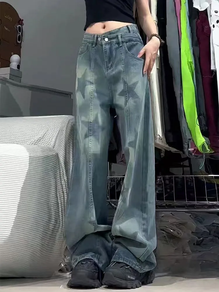 Washed Star Print Loose Jeans