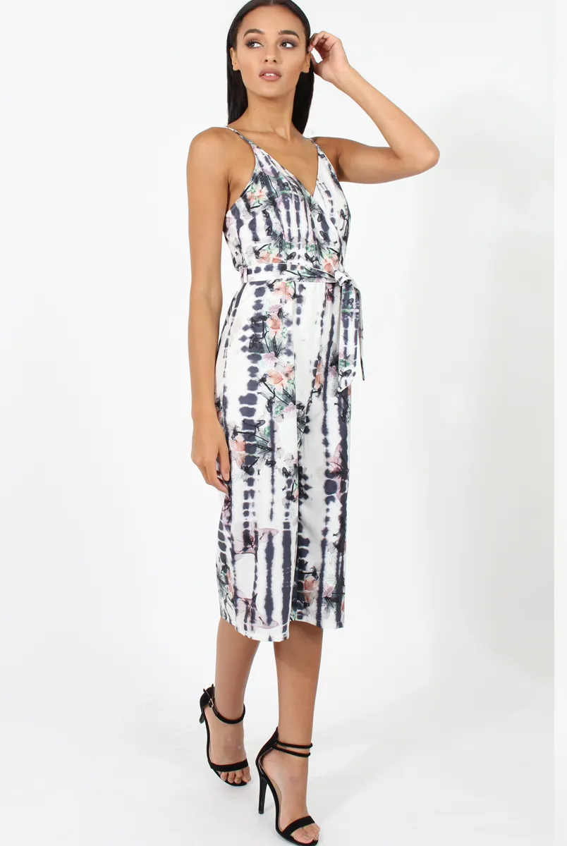 White & Grey Tie Dye Floral Print Culotte Jumpsuit - Fiona