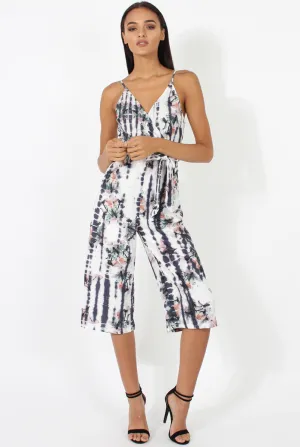 White & Grey Tie Dye Floral Print Culotte Jumpsuit - Fiona