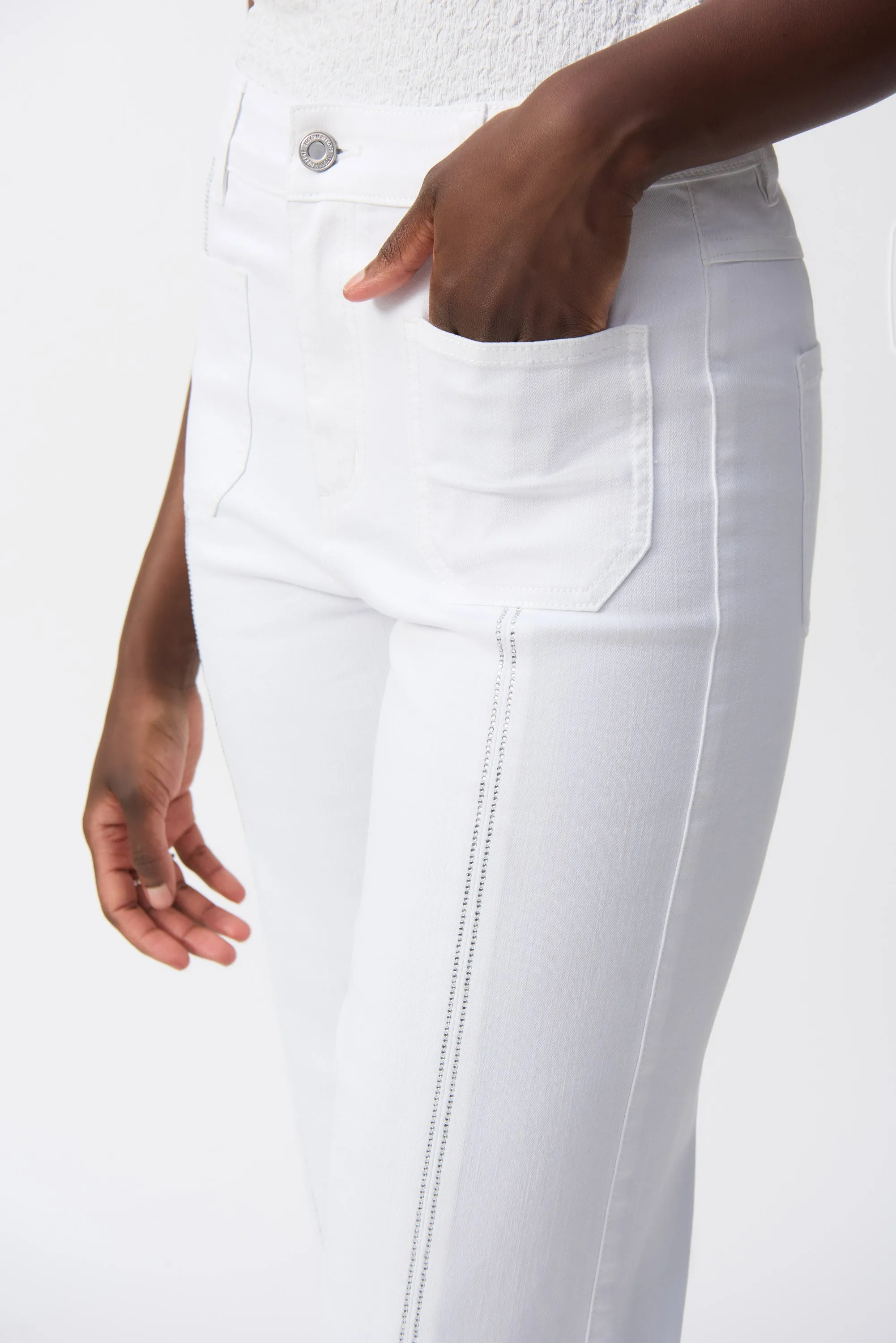 White Culotte Jeans With Embellished Front Seam