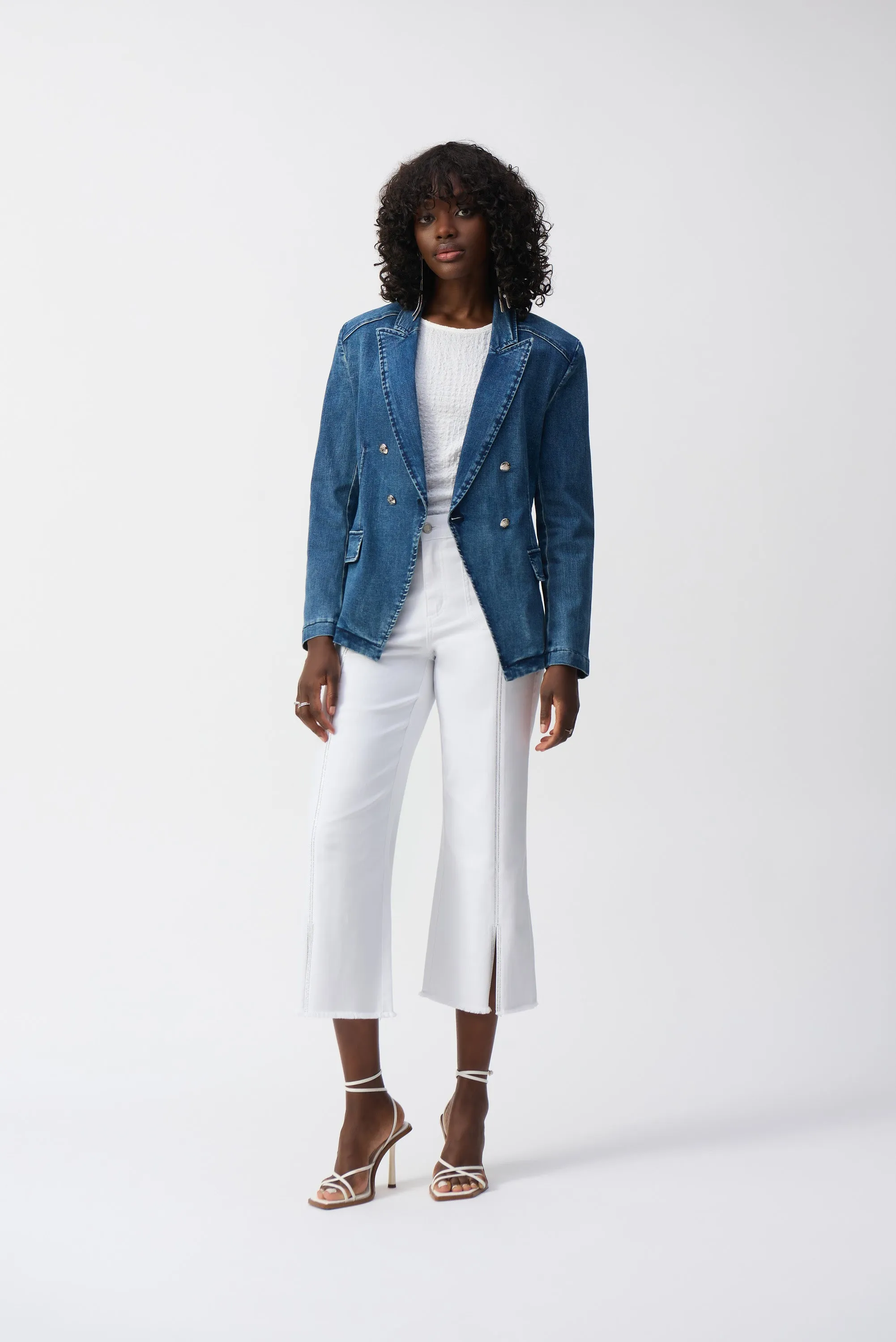 White Culotte Jeans With Embellished Front Seam