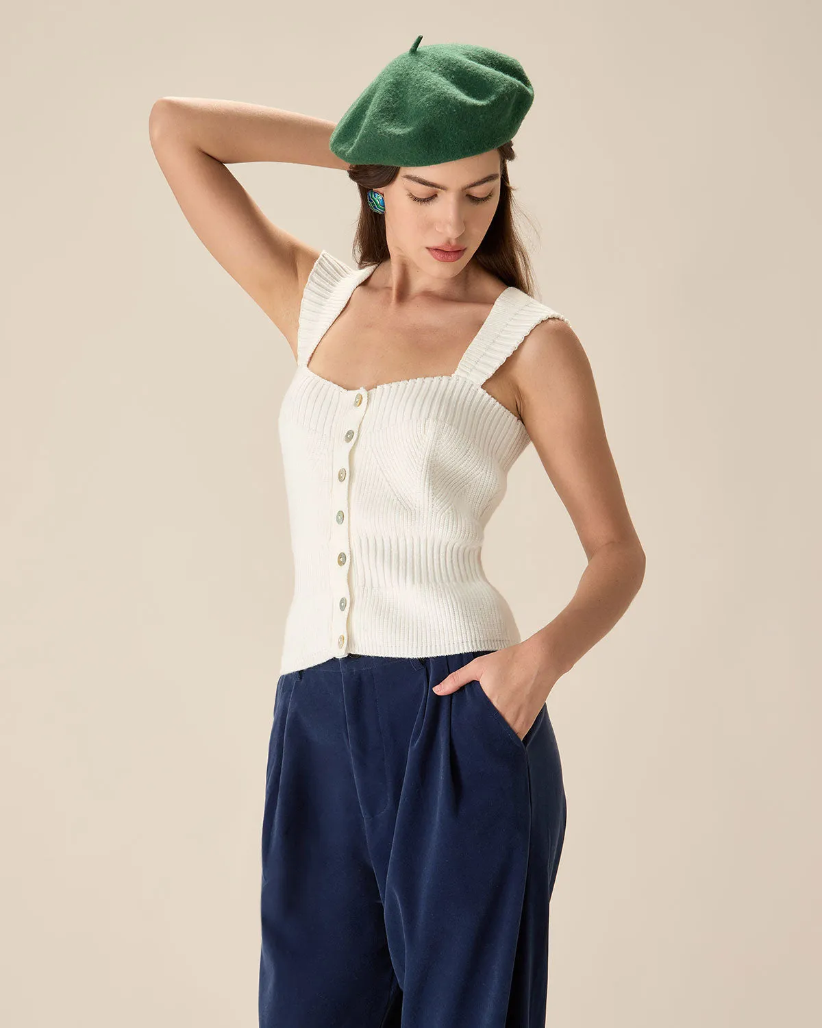 White Knit Button Tank
