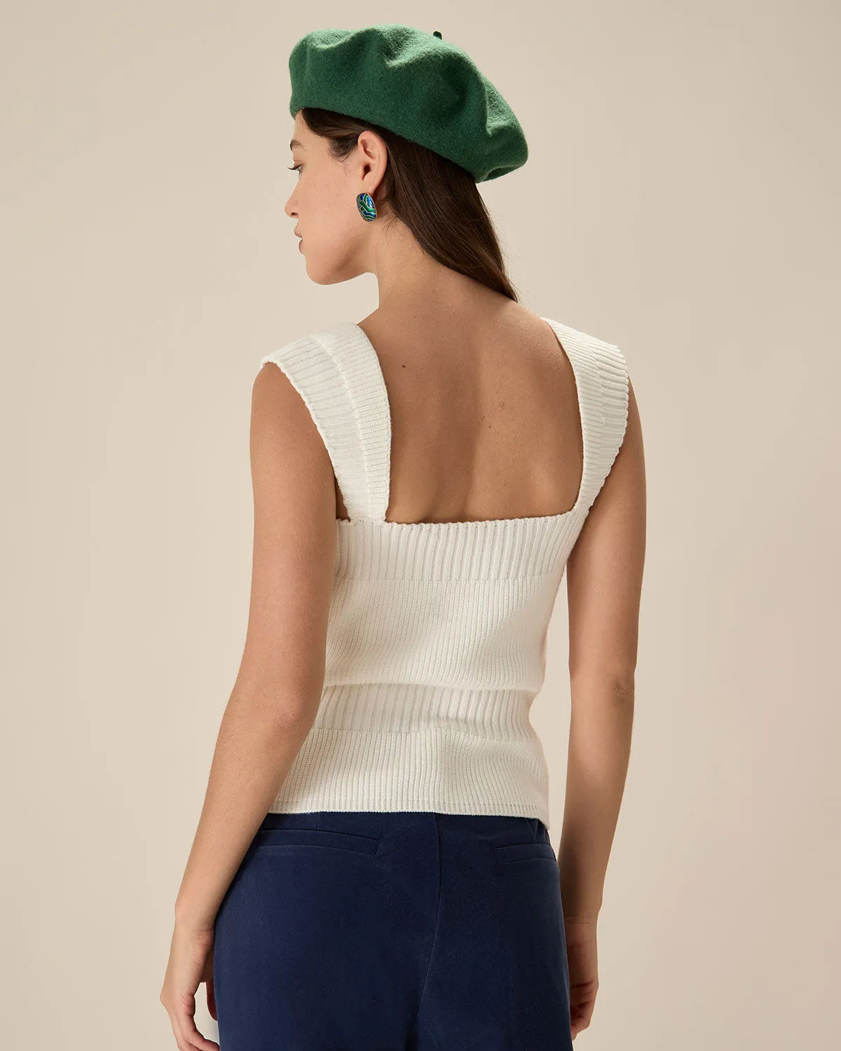 White Knit Button Tank