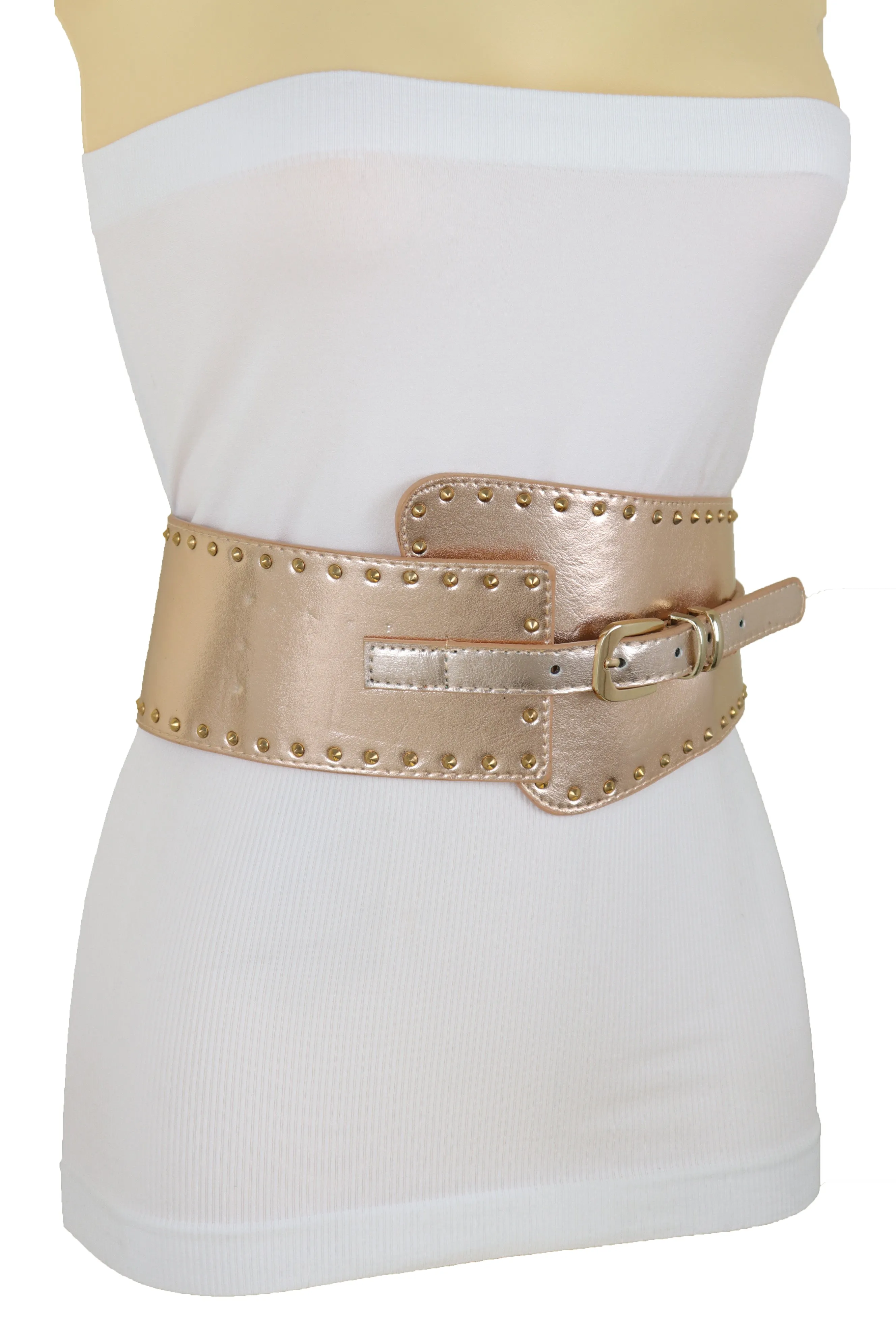 Wide Elastic Rose Gold Faux Leather Western Fashion Belt Metal Studs S M